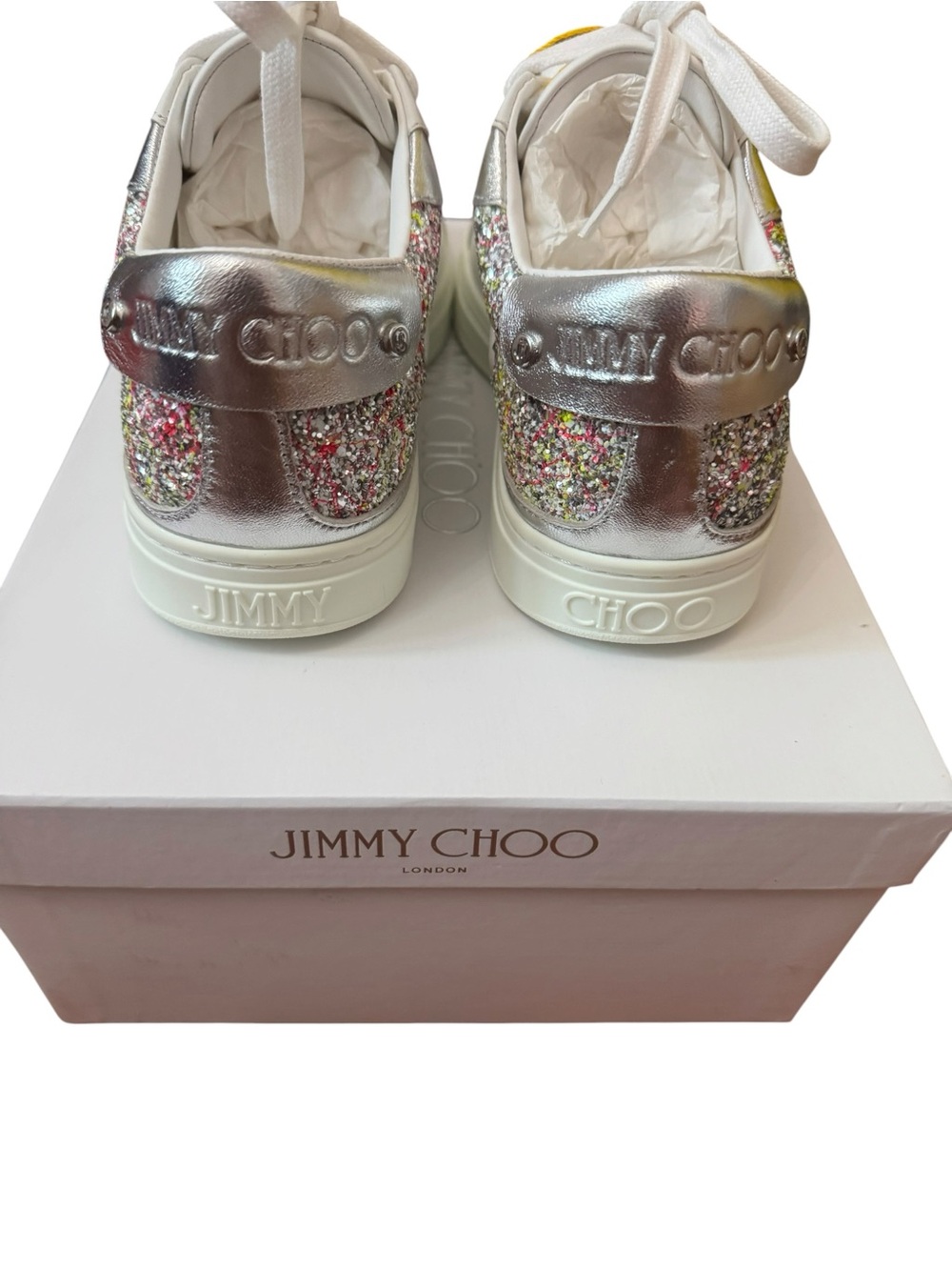 Jimmy Choo White Leather Low-Top Sneakers with Multicolor Glitter Heel - Picture 3 of 10